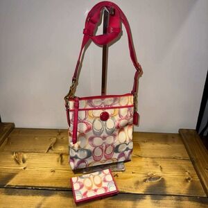 Coach Scribble Signature Crossbody Y2K Vintage Pink Multicolor Canvas + Wallet